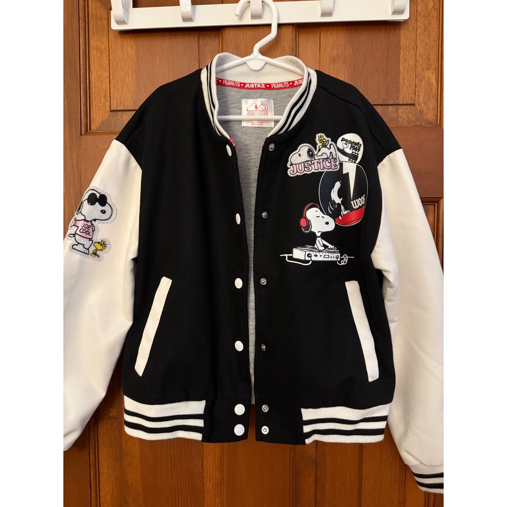 Justice x Peanuts Girls Varsity Letterman Jacket Size M (10) Black Lined Bomber